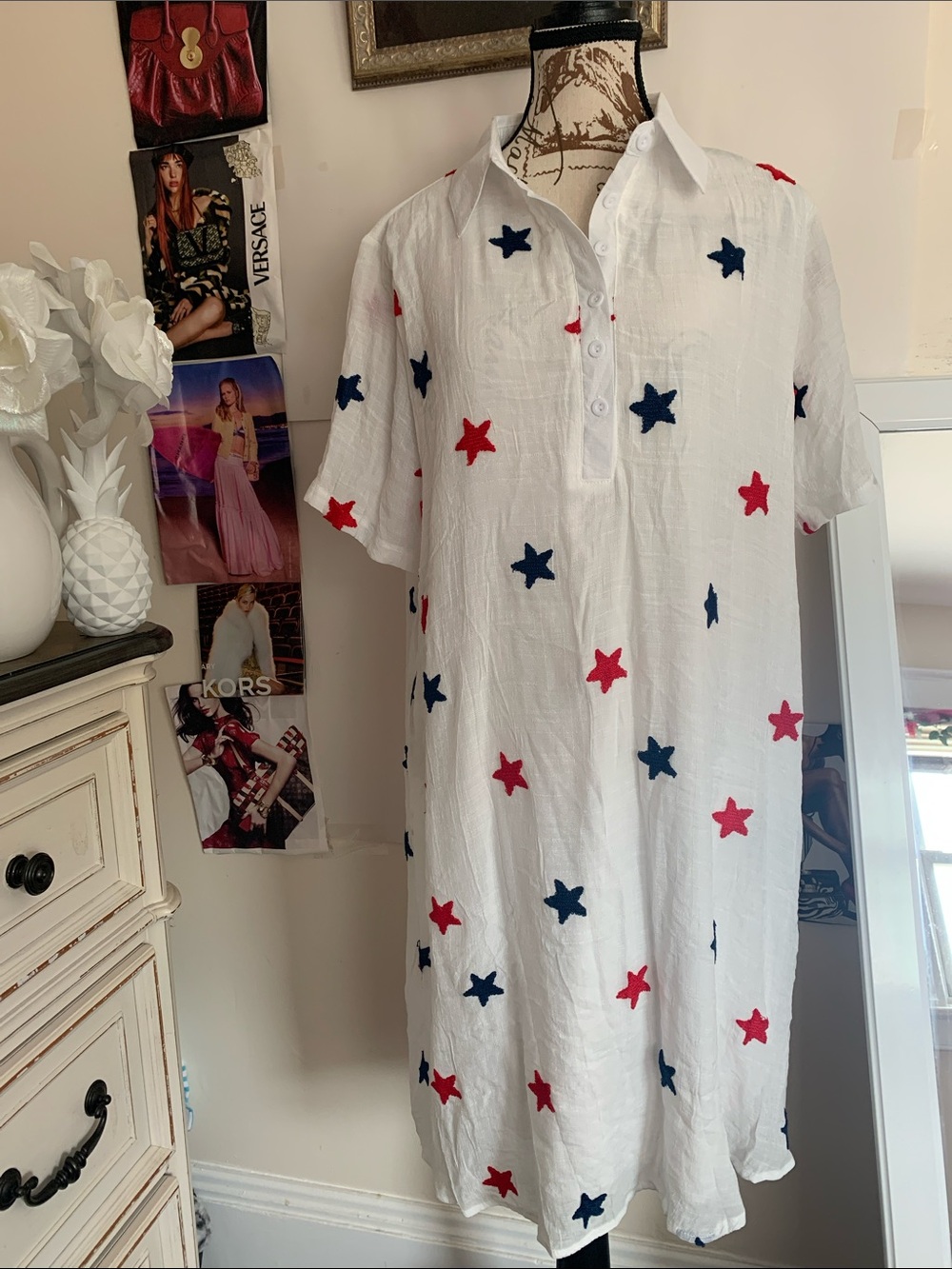 Kindred White Star-Print Short Sleeve Shirt Dress - Red & Navy